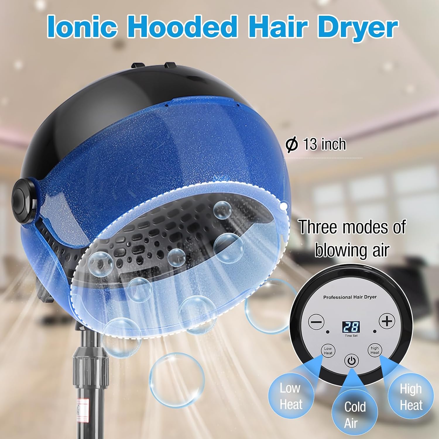 Ionic Sèche-cheveux à capuche sur roulettes, 1500 W, 3 modes, réglage de l'heure, design debout pour un usage professionnel en salon Bleu