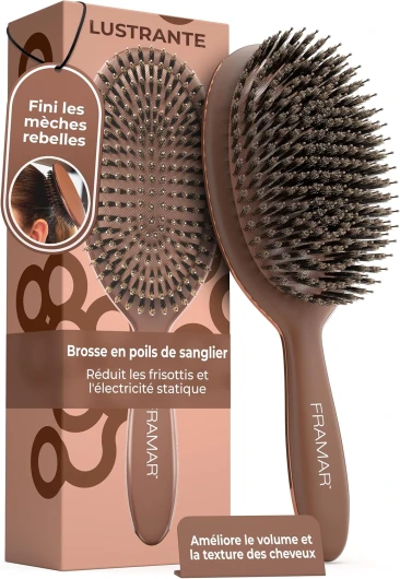 FRAMAR Brosse en Poils de Sanglier Souple - Brosse en Poils de Sanglier pour Femmes, Brosse en Poils de Sanglier pour Cheveux Fins, Brosse en Poils de Sanglier pour Femmes – Chocolate Polish