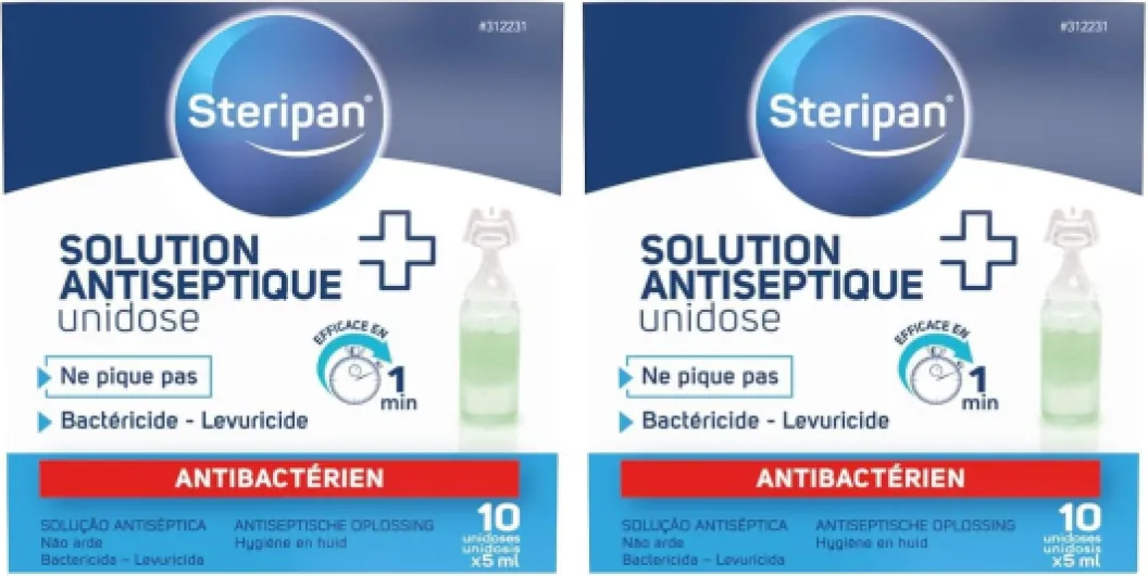 Solution Antiseptique Unidose - Ne Pique Pas - Élimine 99,9% des Bactéries - Bactéricide et Levuricide - 10 Unidoses x5 ml (Lot de 2) 5 ml (Lot de 20)