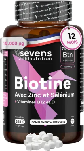 Biotine 10000 mcg Cheveux Peau Ongles – Complément avec Zinc Sélénium Vitamines B12 D – 365 comprimés – Sans Gluten Lactose – Sevens