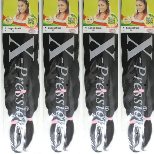 X-Pression XPRESSION LAGOS BRAID Lot de 4 extensions de cheveux pré-tirées pour tresses, 106,7 cm et 117,8 cm, (couleur 1B, noir naturel), 4 pièces