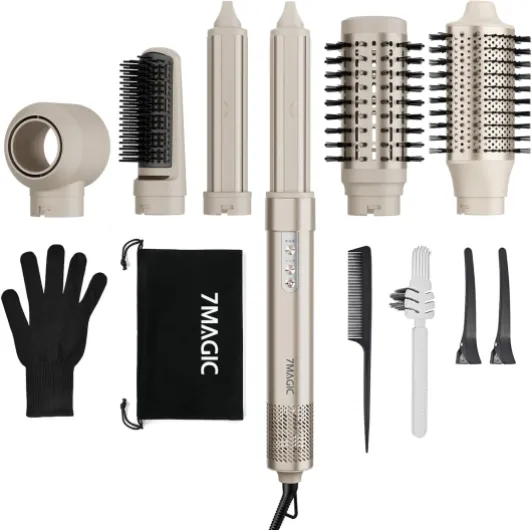7MAGIC Air Styler 6 en 1, Sèche Cheveux Ionique, Boucleur a Cheveux Automatique, Brosse Soufflante, Brosse Lissante, Sans Dommages De Chaleur, avec Sac De Voyage, pour Les Occasions Spéciales