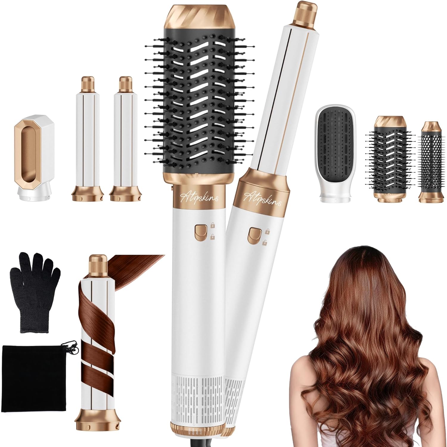 1000W Airbrush Hair Styler Atopskins 6 In 1 Air Styler avec Seche Cheveux Brosse Soufflante, Brushing Brosse Soufflante, Boucleur a Air, Magic Styler pour Donner Du Volume, Boucler Blanc