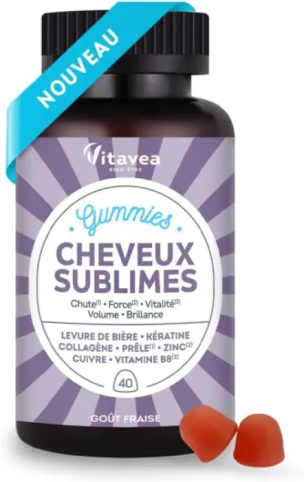 Vitavea Bien-être - Gummies Cheveux Sublimes - Favorise la Pousse - Biotine, Levure de Bière, Kératine, Zinc, Collagène - Anti-Chute, Volume, Brillance - 40 Gummies Fruits Rouges