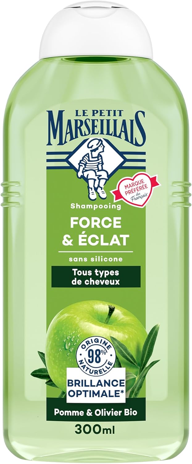 Shampooing Force & Éclat Pomme & Olivier Bio (300 ml) – Shampoing sans silicone pour cheveux normaux – 98% d'origine naturelle pour une brillance optimale 300 ml (Lot de 1)