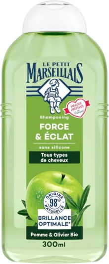 Shampooing Force & Éclat Pomme & Olivier Bio (300 ml) – Shampoing sans silicone pour cheveux normaux – 98% d'origine naturelle pour une brillance optimale 300 ml (Lot de 1)