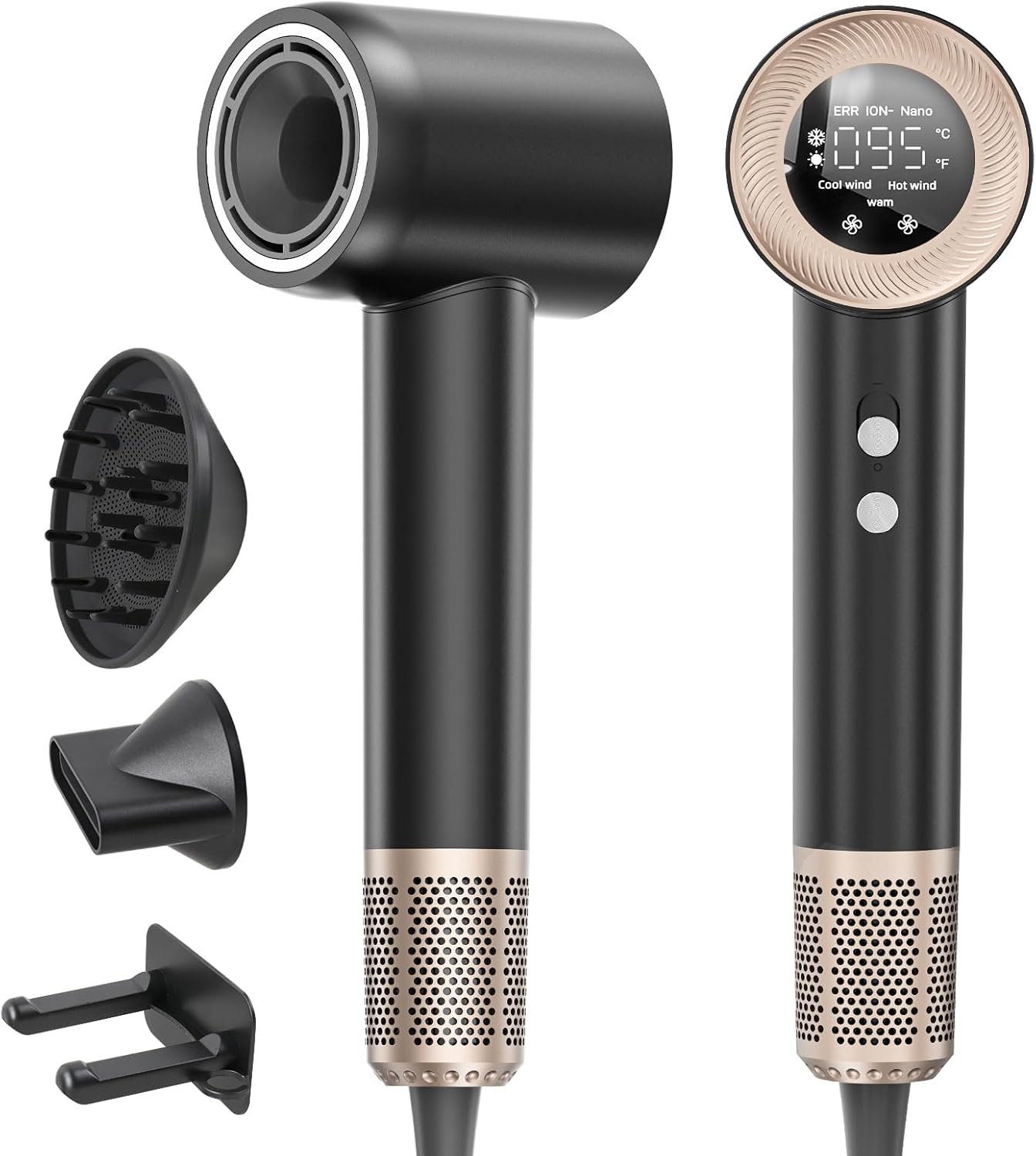 Seche Cheveux, Sèche Cheveux Professionnel Avec Moteur Haute Vitesse 140000 TR/Min, Flux 65 m/s, 300 Millions Ionique Négatifs, Secador 59 dB à Faible Bruit Pour Maison et Voyages, Noir