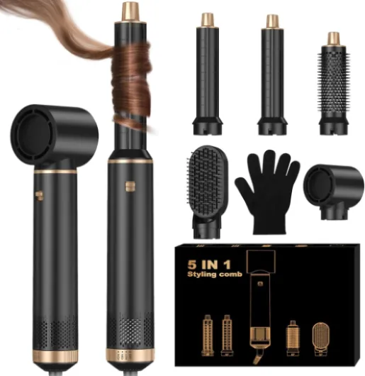 Airbrush Hair Styler Air Brush 5 en 1, Airstyler 5 en 1 avec Seche Cheveux, Brosse Soufflante, Fer a Boucler, Thermal Brush, Brosse Lissante Seche Cheveux 5 en 1 pour Sécher, Boucler, Lisser Gris Noir