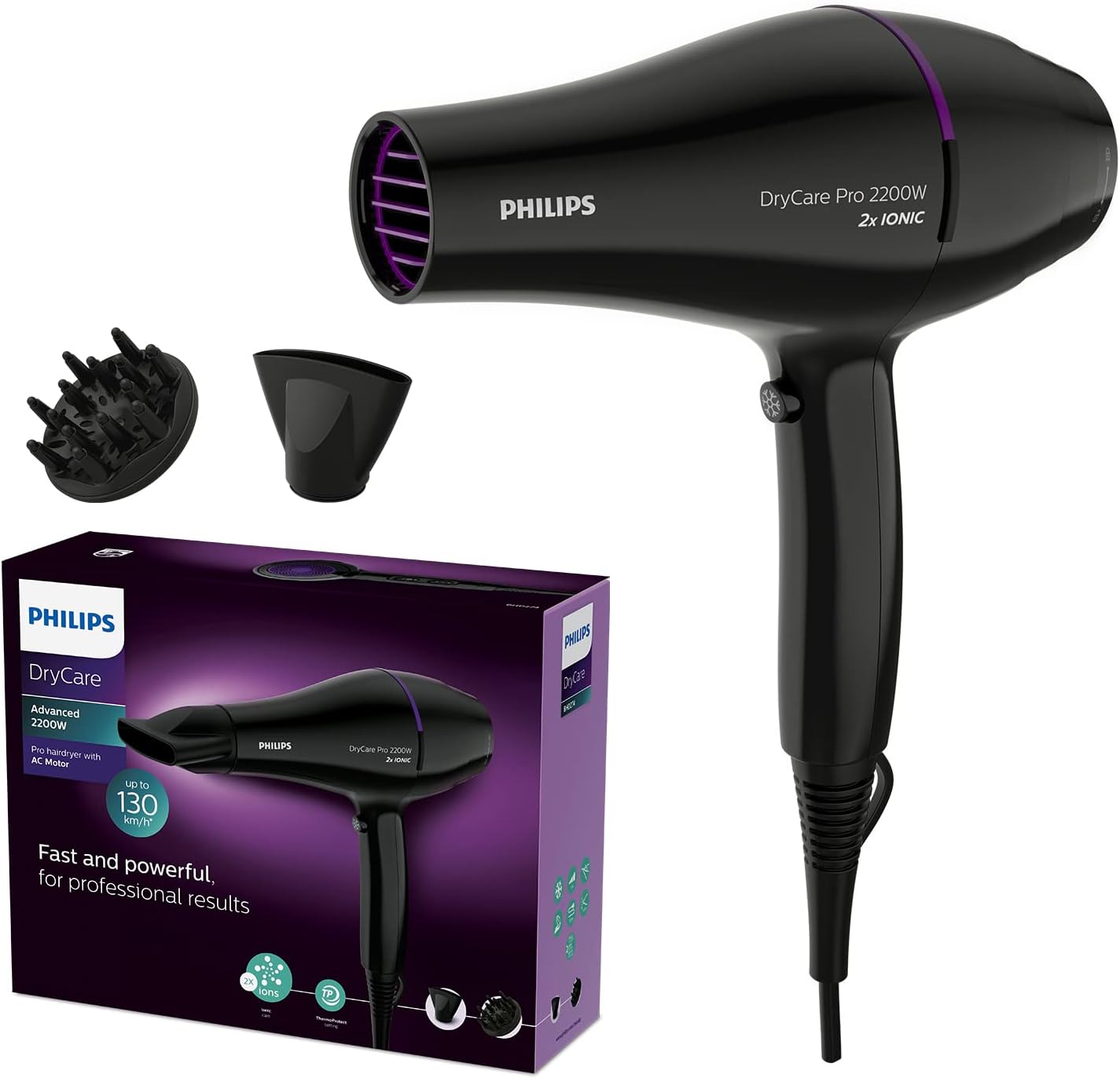 Sèche-cheveux Pro DryCare, 2 200 W - (modèle BHD274/00) 2000 Noir avec 2 accessoires