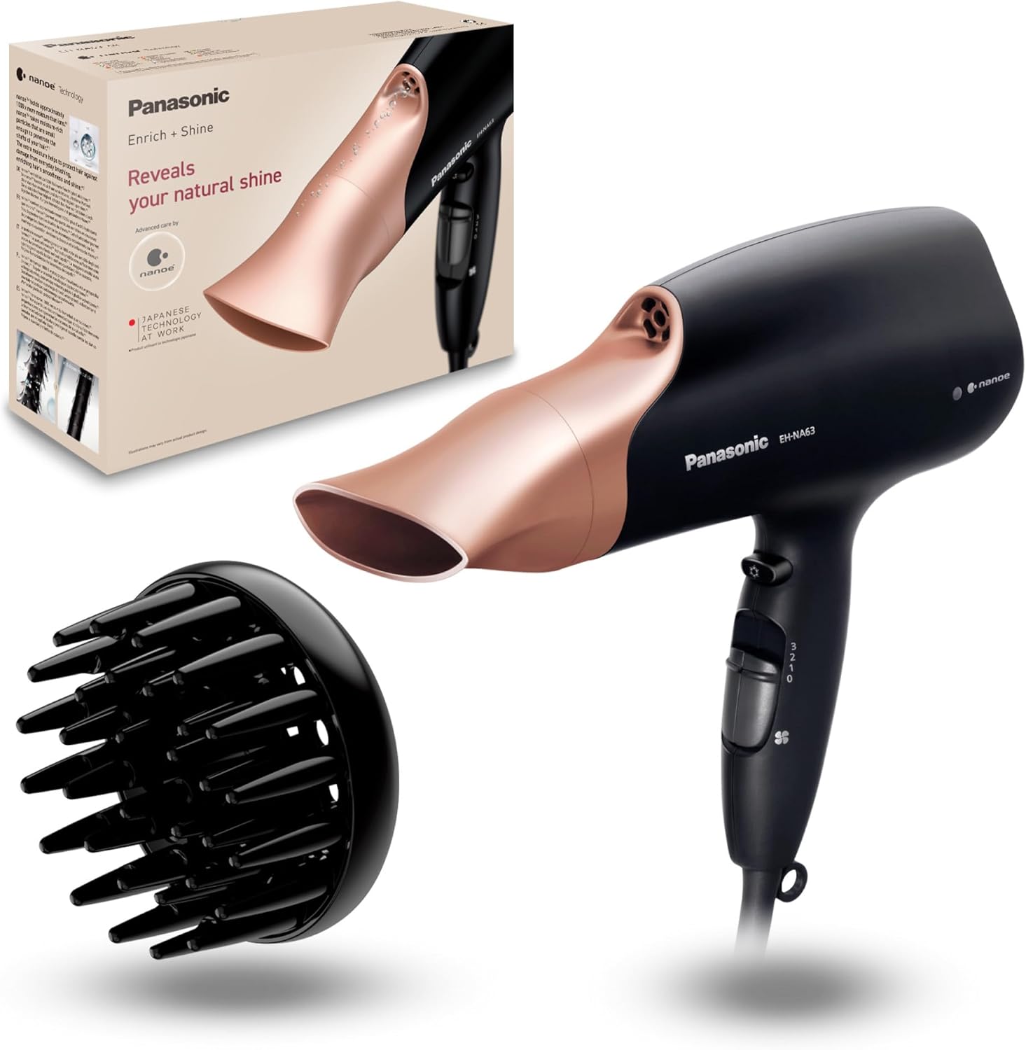 Personalcare EH-NA63CN825 - Sèche-cheveux, Technologie Nanoe, Soin du cheveu, 3 vitesses, 4 températures, 2 accessoires, Touche Air Froid, Noir et or Unique