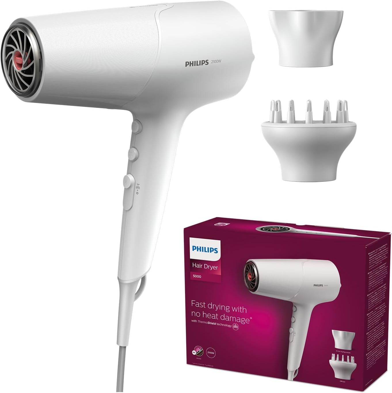 5000 Series - sèche-cheveux, technologie ThermoShield, ionique, 2 100 W, blanc, avec concentrateur et diffuseur de volume, modèle BHD500/20 [NOUVEAU] 5000 Blanc Métallisé avec Buse de Coiffage