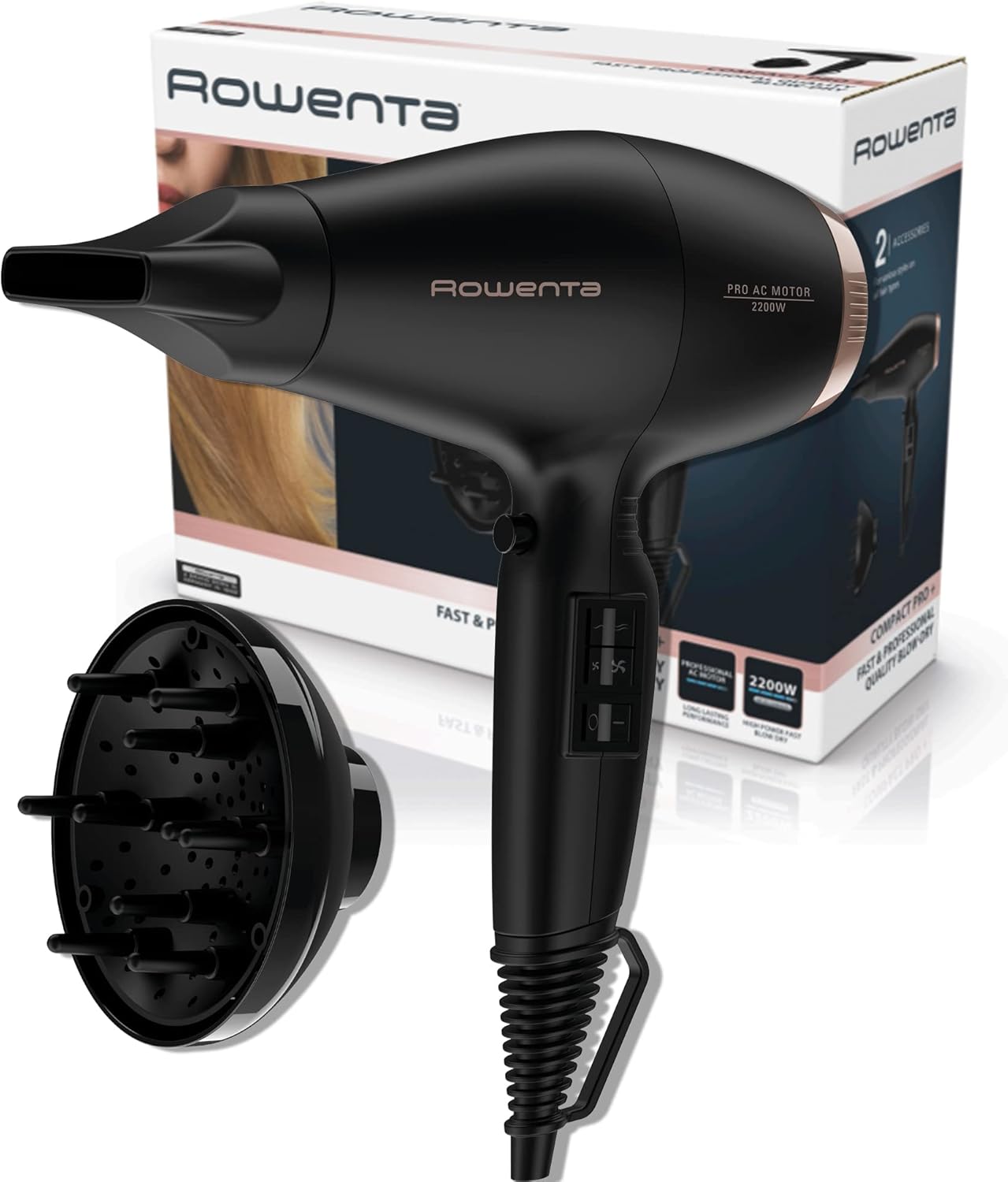 Compact Pro - Sèche-cheveux haute puissance 220 W, moteur professionnel AC, haute performance, 4 réglages/température, coup d'air froid, buse concentratrice 9 mm, diffuseur boucles, CV6930 Noir Sèche-cheveux 2200 W CA + diffuseur