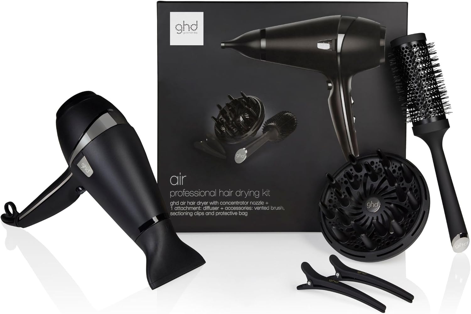 Ghd - Coffret sèche-cheveux ghd Air - Sèche-cheveux professionnel (Noir) - Brosse, Diffuseur et Pinces inclus - Séchage et coiffage rapide - Réduit les frisottis - Idéal pour tous types de cheveux ghd air Dry Kit 2.0
