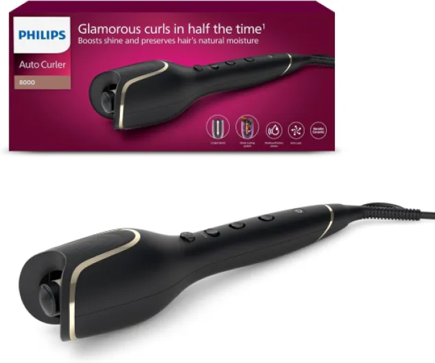 Série 8000 - boucleur automatique, 27 options de style différentes, noir, modèle BHB876/00 MoistureProtect Auto-Curler Black