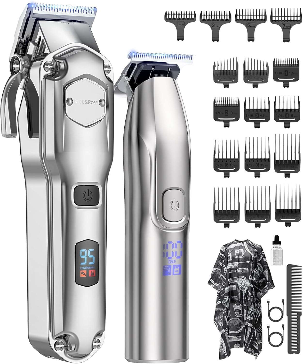 Jack & Rose Clippers and Trimmers Set, Cordless Hair Clippers for Men, Barber Clippers Set Silvery
