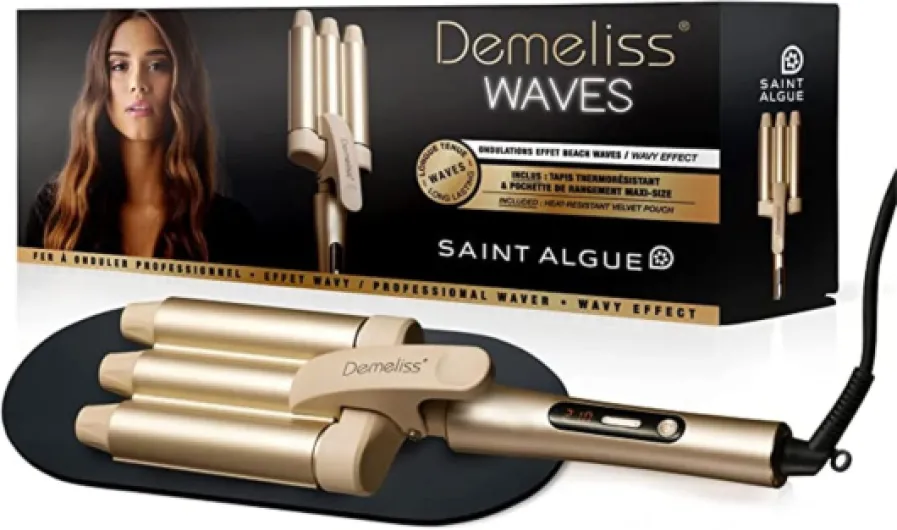 WAVES Fer à Onduler Effet Wavy Professionnel - Revêtement Céramique Tourmaline - 10 Températures Réglables - Tous Types de Cheveux - Avec Tapis Thermorésistant - Pochette Transport Doré