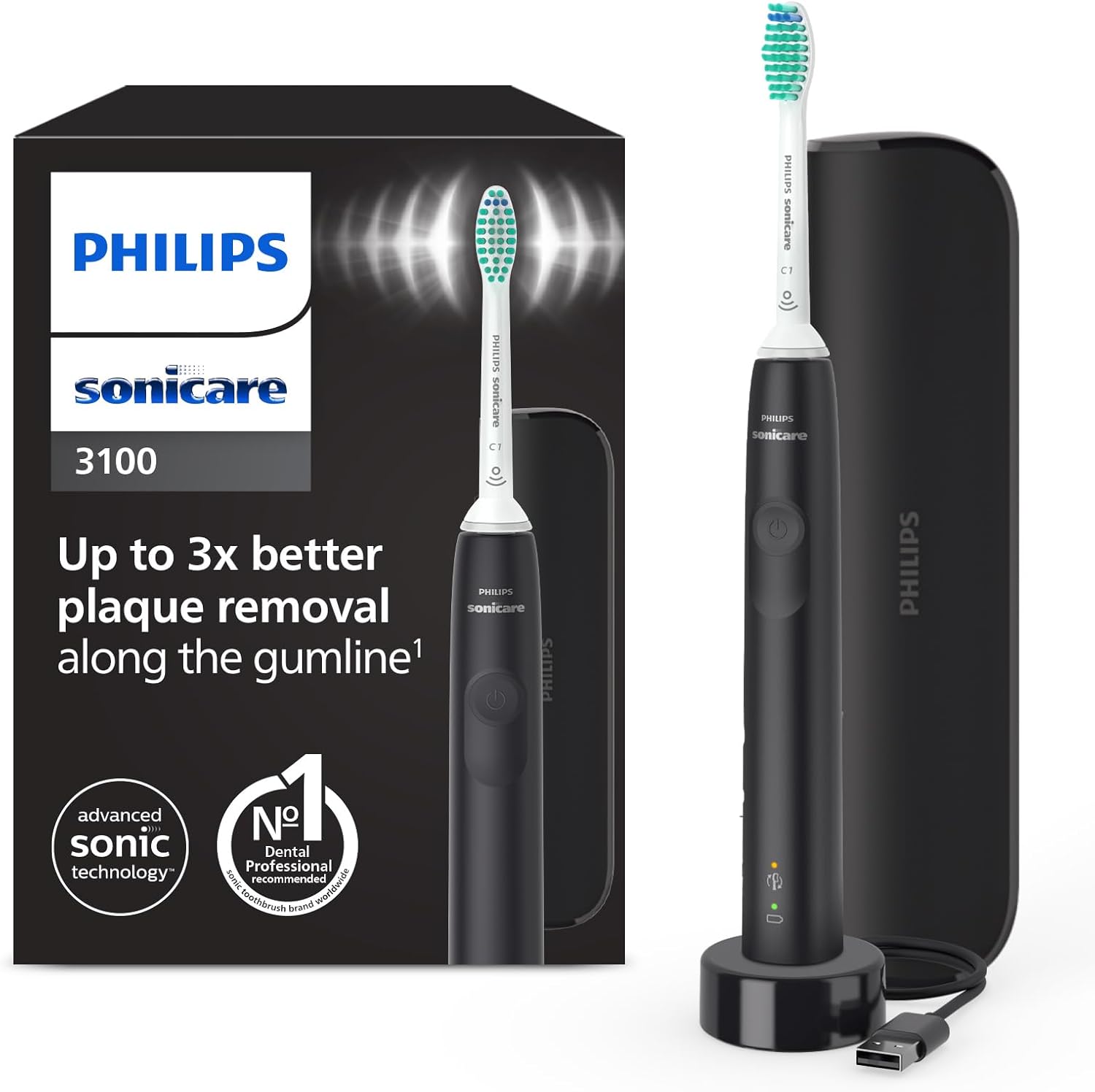 Sonicare 3100, Brosse à dents électrique sonique, capteur de pression et minuterie, étui de voyage, noir, modèle HX3673/14 Sonicare 3100, Noir
