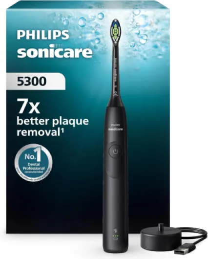 Sonicare 5300 - Brosse à dents électrique sonique avec 2 niveaux d'intensité, Alerte de pression, EasyStart, SmarTimer et BrushPacer, Noir, modèle HX7101/01 [Nouvelle technologie] [Nouveau], Sonicare 5300, Noir