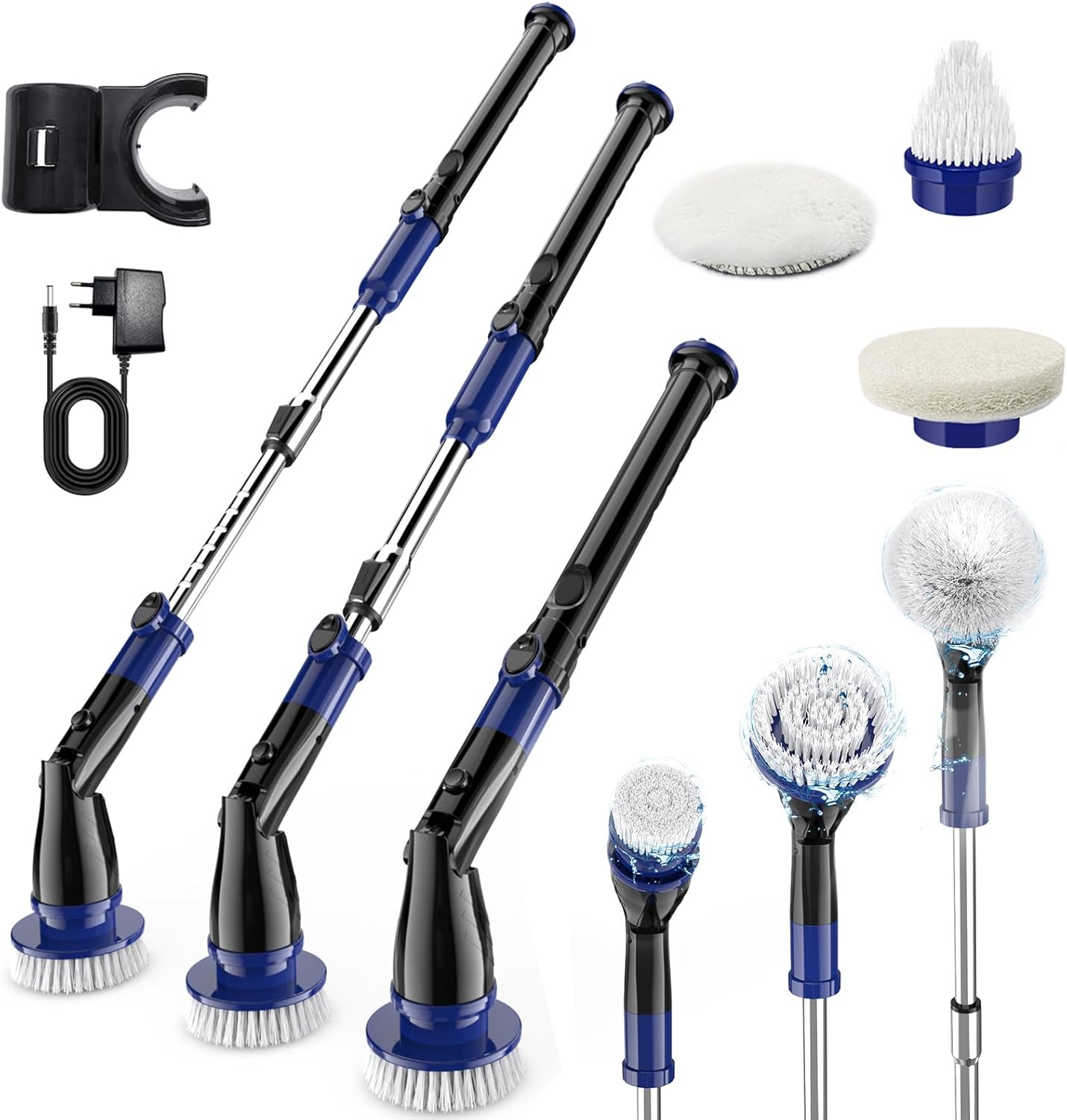 Brosse Electrique Nettoyage, Brosse de Nettoyage Electrique avec 6 Têtes de Brosses & Poignée Réglable, Brosses snettoyage Salle de Bain, Brosse Rotative Nettoyage pour Carrelage, Sol, Cuisine Bleu-noir
