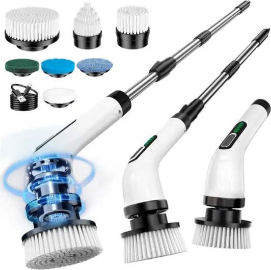 Brosse Nettoyage Electrique, Brosse Rotative Nettoyage avec 7 Têtes Interchangeables, Manche Réglable, IPX7 Étanche, Rechargeable USB à 2 Vitesses, Idéale pour Salle de Bain, Maison et Cuisine Blanc + Noir
