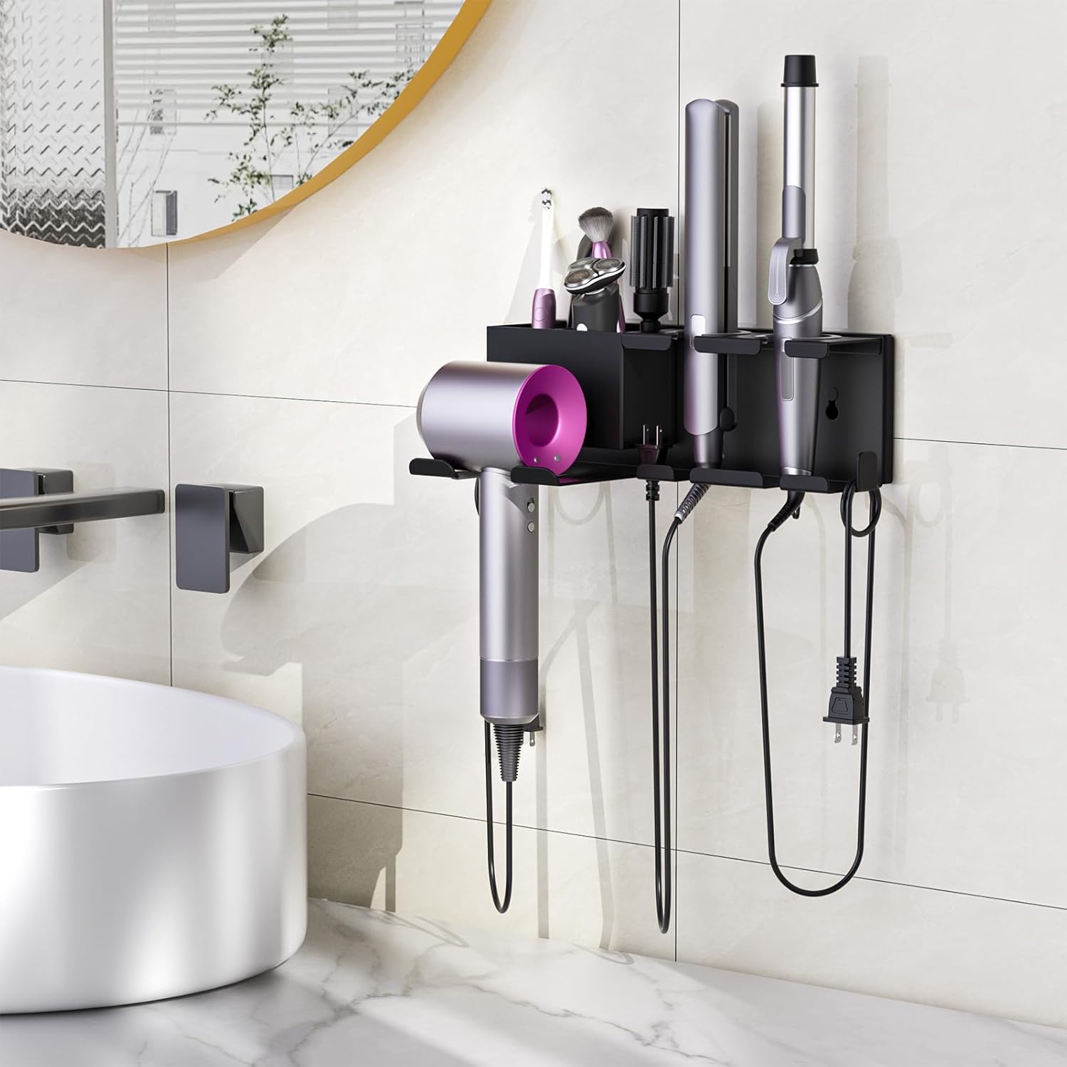 Porte-sèche-cheveux Mural sans Perçage - Support Mural Métal pour Dyson Airwrap, Lisseur & Fer à Boucler, Support Seche Cheveux, Organisateur Salle de Bain, Noir Noir M