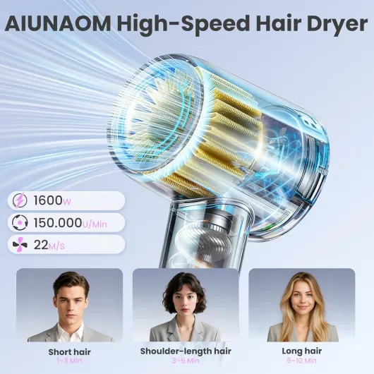 Sèche-Cheveux Ionique Professionnel 150000 RPM – Seche Cheveux Silencieux Léger avec Diffuseur Cheveux Bouclés, Moteur Brushless, 4 Températures, 3 Vitesses, Accessoires Magnétiques
