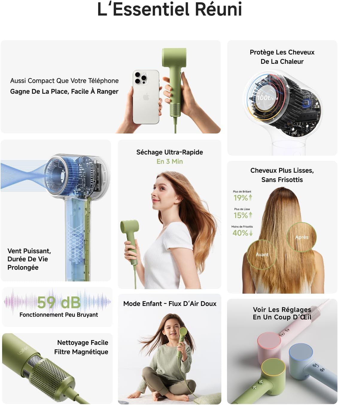 Mini Sèche-cheveux 200M d'Ions Négatifs Moteur Brushless 110K tr/min Séchage Rapide Contrôle Intelligent de Température Mode Enfant Buse Magnétique Bruit Réduit Léger 299g Maison Voyage (Vert) Vert Thé Matcha