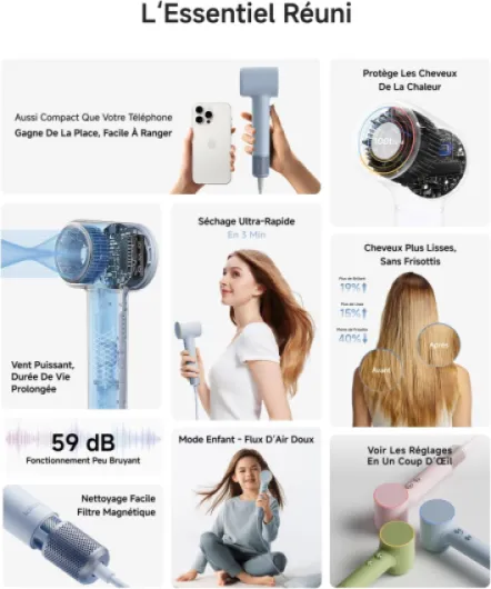 Mini Sèche-cheveux 200M d'Ions Négatifs Moteur Brushless 110K tr/min Séchage Rapide Contrôle Intelligent de Température Mode Enfant Buse Magnétique Bruit Réduit Léger 299g Maison Voyage (Bleu) Bleu Glacé