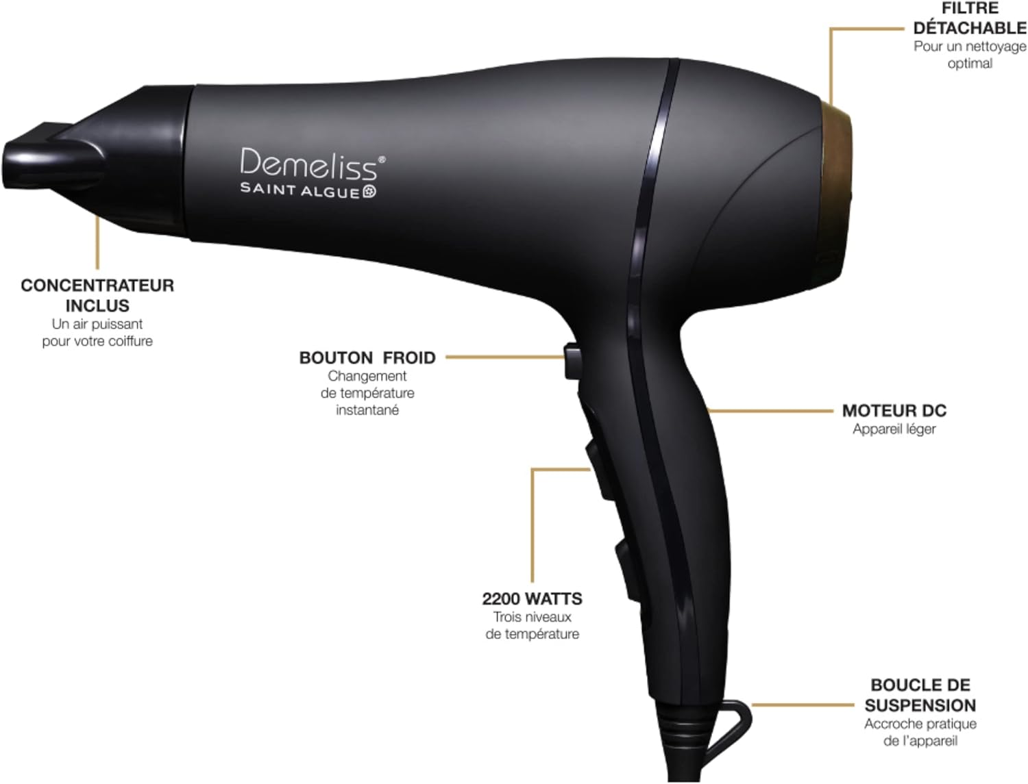 Saint Algue Sèche Cheveux ULTRA 2200W - 2 Vitesses, 3 Températures - Technologie Tourmaline - Concentrateur Inclus - Cheveux Brillants, Coiffure Sans Frisottis - Léger, Puissant Noir