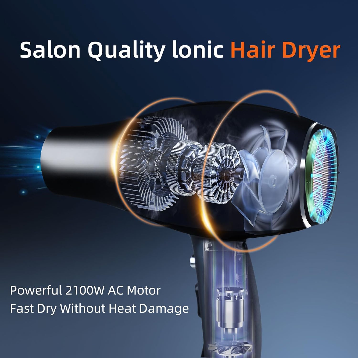 Sèche-cheveux ionique Salon de séchage rapide 2100W Sèche-cheveux professionnel 2 concentrateur 4 peignes 1 diffuseur Salon familial à friser avec bouton froid (Noir)
