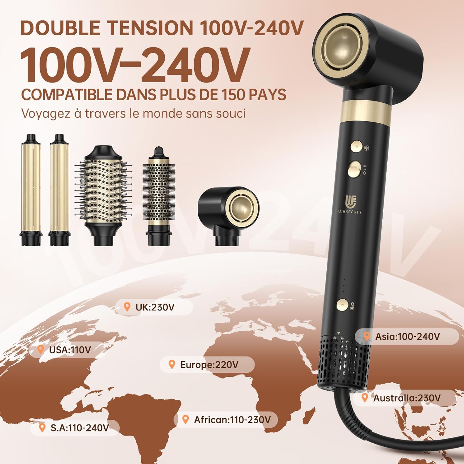 [Double Tension] Airstyler 6 en 1, Sèche Cheveux avec Brosse Soufflante, Fer à Friser Auto, Lisseur Air, Brosse Cheveux Bouclés, pour un coiffage polyvalent, 500M Ionique Négatif Nourrit les cheveux 6 en 1 Noir