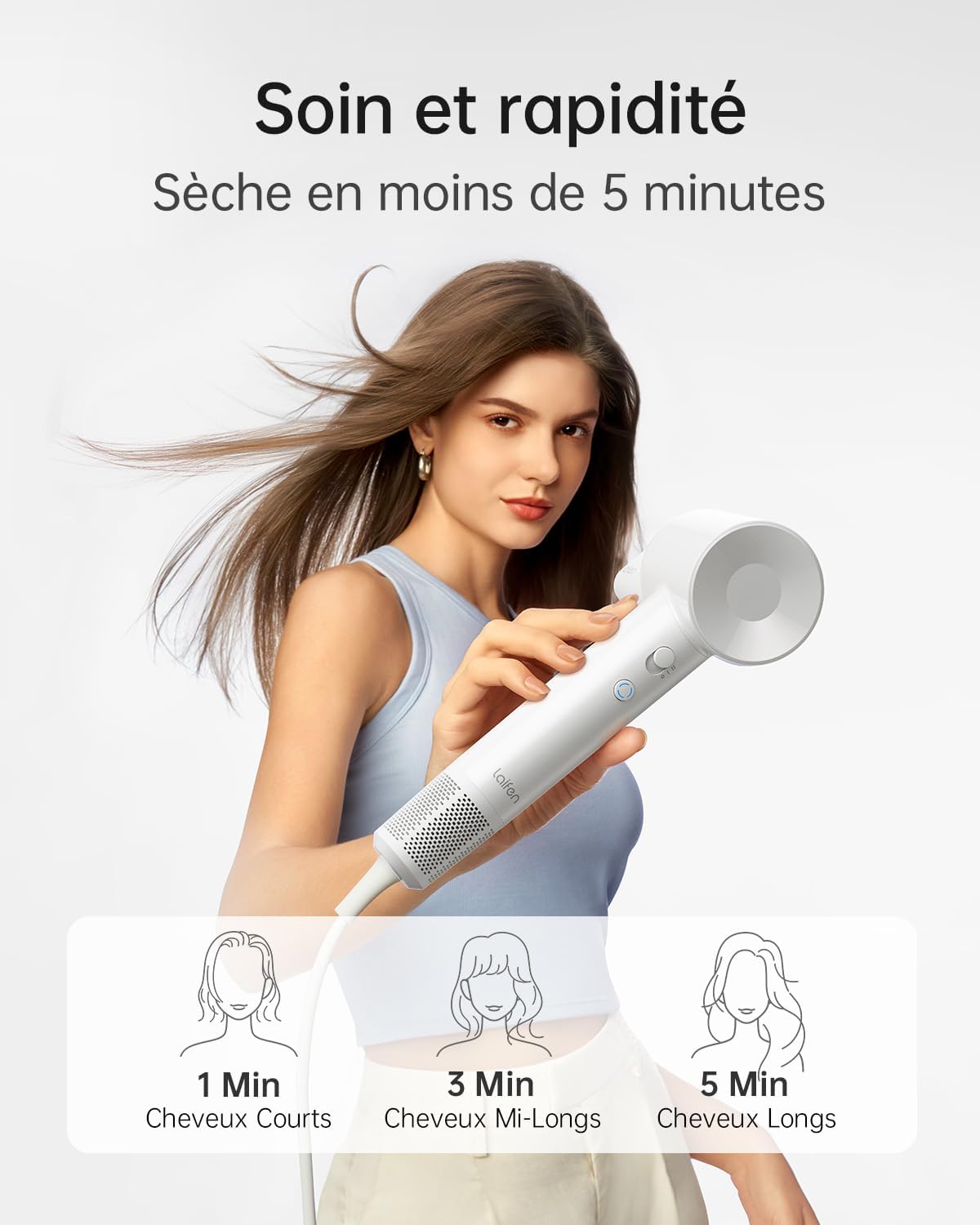 SE Lite Sèche-cheveux 150M d'Ions Négatifs Moteur Brushless 100K tr/min Séchage Rapide Contrôle Intelligent Température avec Buse Bruit Réduit Cheveux Bouclés ou Lisses Maison Voyage (Blanc) SE Lite Blanc