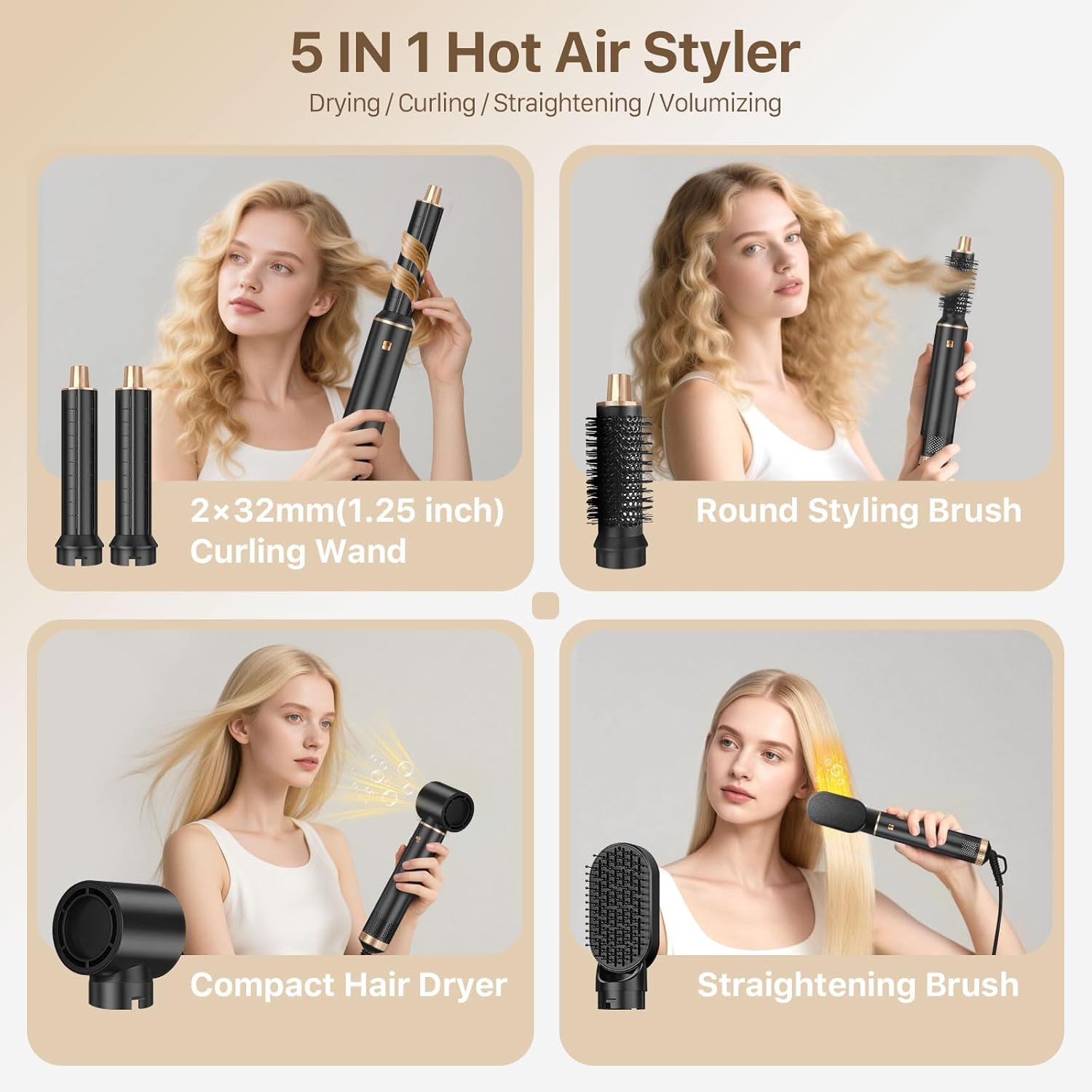 Brosse Soufflante 5 en 1, Air Brush Sèche-Cheveux Multifonction Avec 3 Temp, Air Chaud Hair Styler pour Femme Sécher Boucler Lisser et Donner du Volume