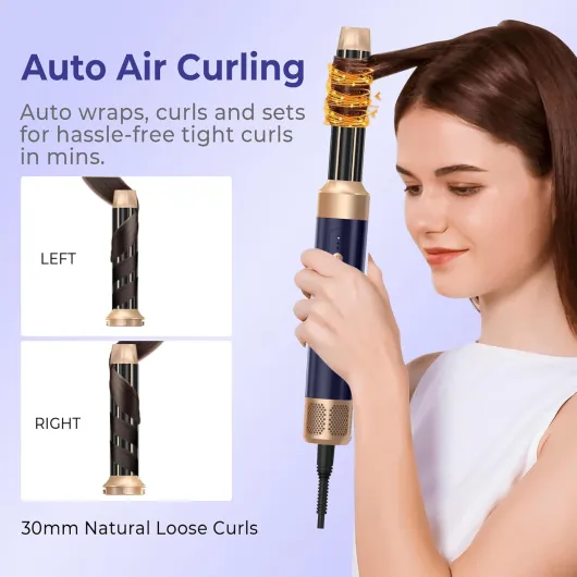 Sèche Cheveux Air Styler 7 en 1, Seche -Cheveux avec Diffuseur, 3 Températures, Fer à Boucler à Air de 30 mm,Pour Lisser, Boucler les Cheveux,1400W Hair Styler Professionnel Multifonctionnel Bleu