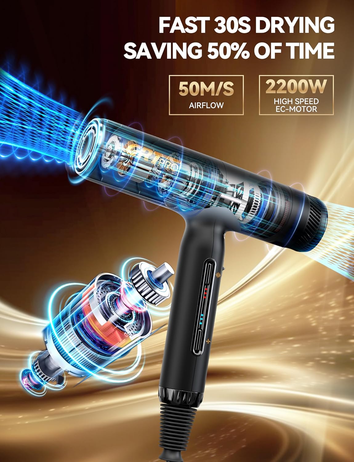 Seche Cheveux Professionnel 2200W Sèche Cheveux Ionique 200Millions D'ions Négatifs 100,000RPM 320g, Sèche-cheveux et accessoires, 4Températures et 3Vitesses pour les Familles