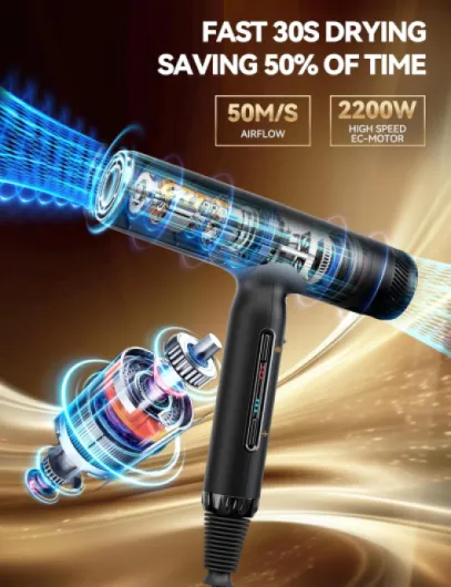 Seche Cheveux Professionnel 2200W Sèche Cheveux Ionique 200Millions D'ions Négatifs 100,000RPM 320g, Sèche-cheveux et accessoires, 4Températures et 3Vitesses pour les Familles