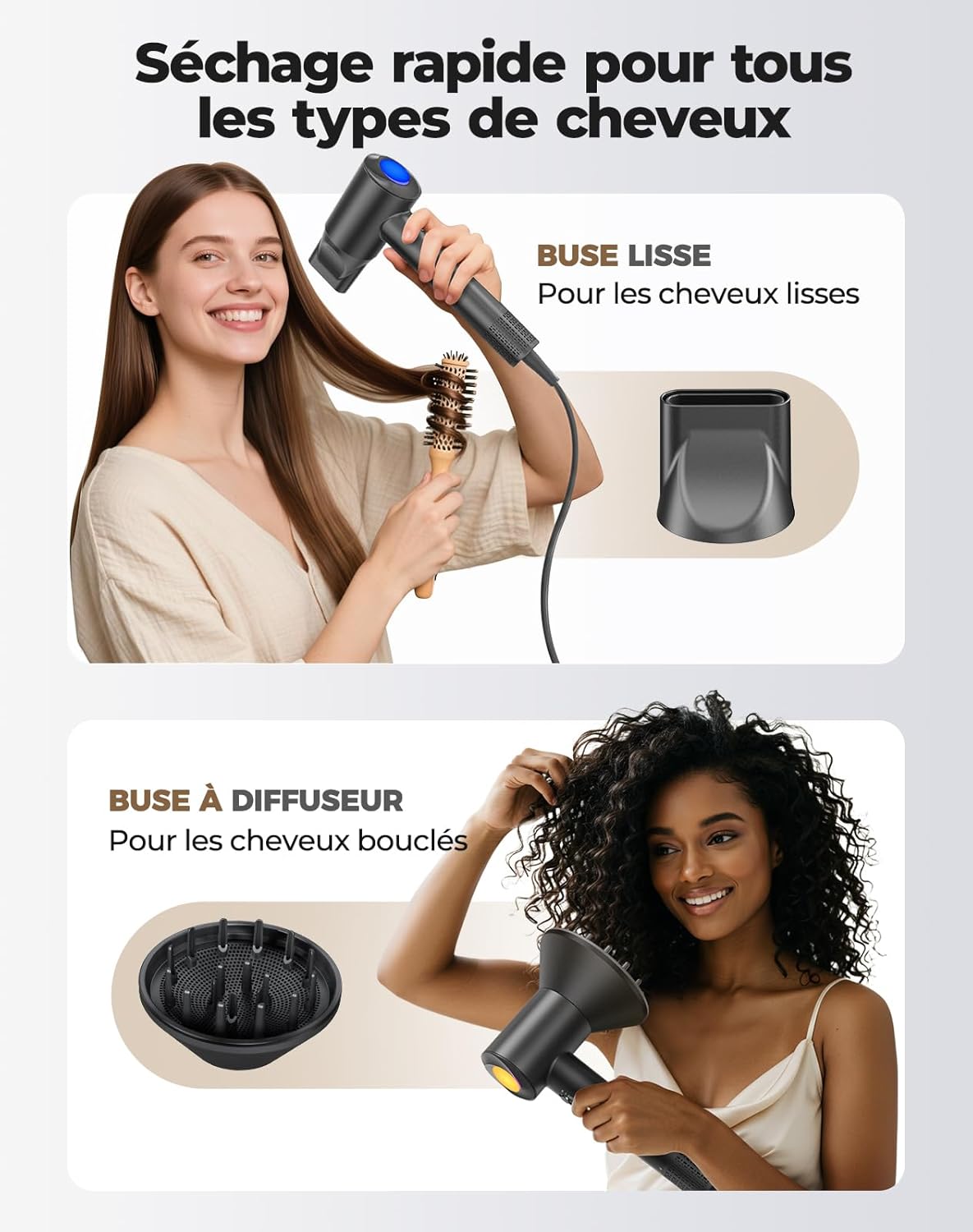 Seche Cheveux Ionique avec Diffuseur - SéChage Rapide, 500 Millions D'Ions, Contrôle intelligent de la température, 8 RéGlages De TempéRature Avec LED, Maison Voyage Salon Noir