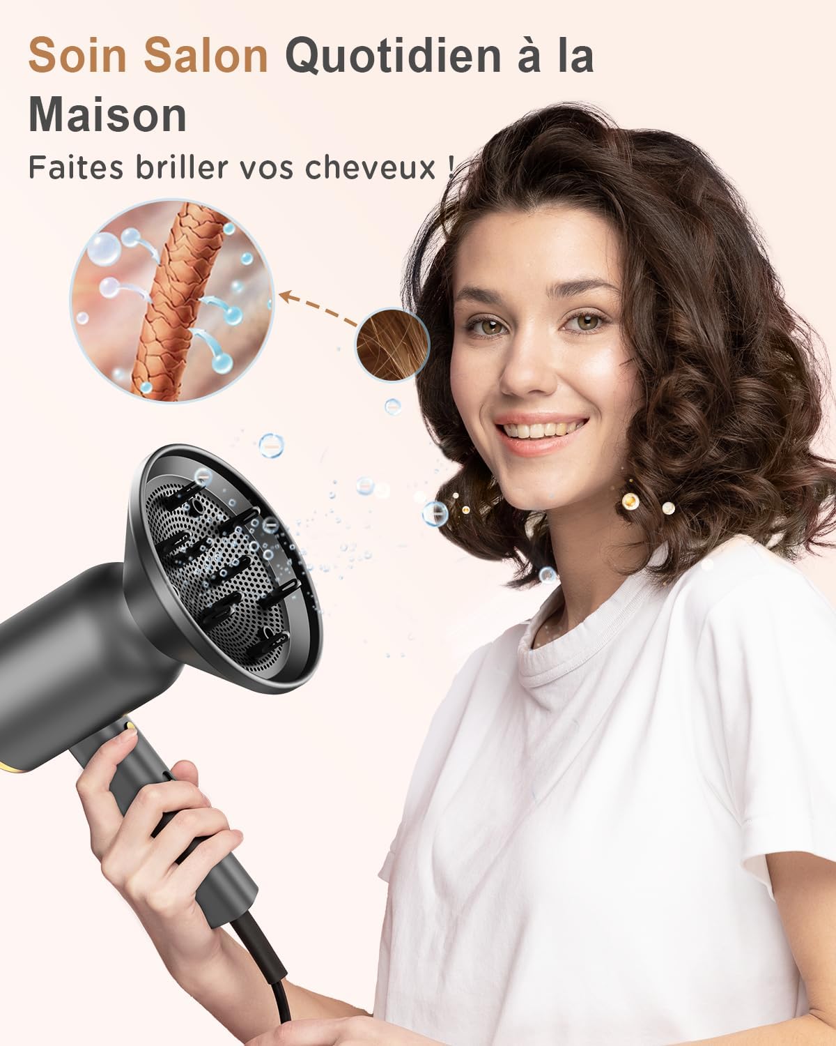 Sèche-cheveux ionique avec diffuseur - 1800W Séchage rapide, bouton chaud/froid, 3 températures, 2 vitesses, concentreur, fonction pour boucles，diffuseur thermostatique,Or et Noir