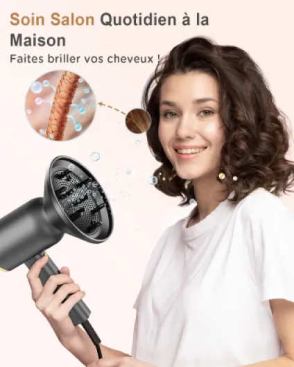Sèche-cheveux ionique avec diffuseur - 1800W Séchage rapide, bouton chaud/froid, 3 températures, 2 vitesses, concentreur, fonction pour boucles，diffuseur thermostatique,Or et Noir
