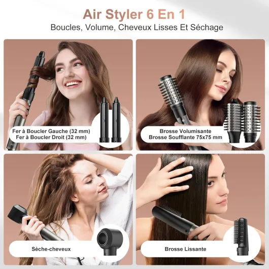 Air Styler 6 en 1, 110 000 tr/min, Seche Cheveux à Séchage Rapide, Boucleur Automatique, Brosse Soufflante, Brosse Lissante, Sans Dommages Thermiques, Soin Ionique, Salon Professionnel à Domicile 6 en 1 Argenté