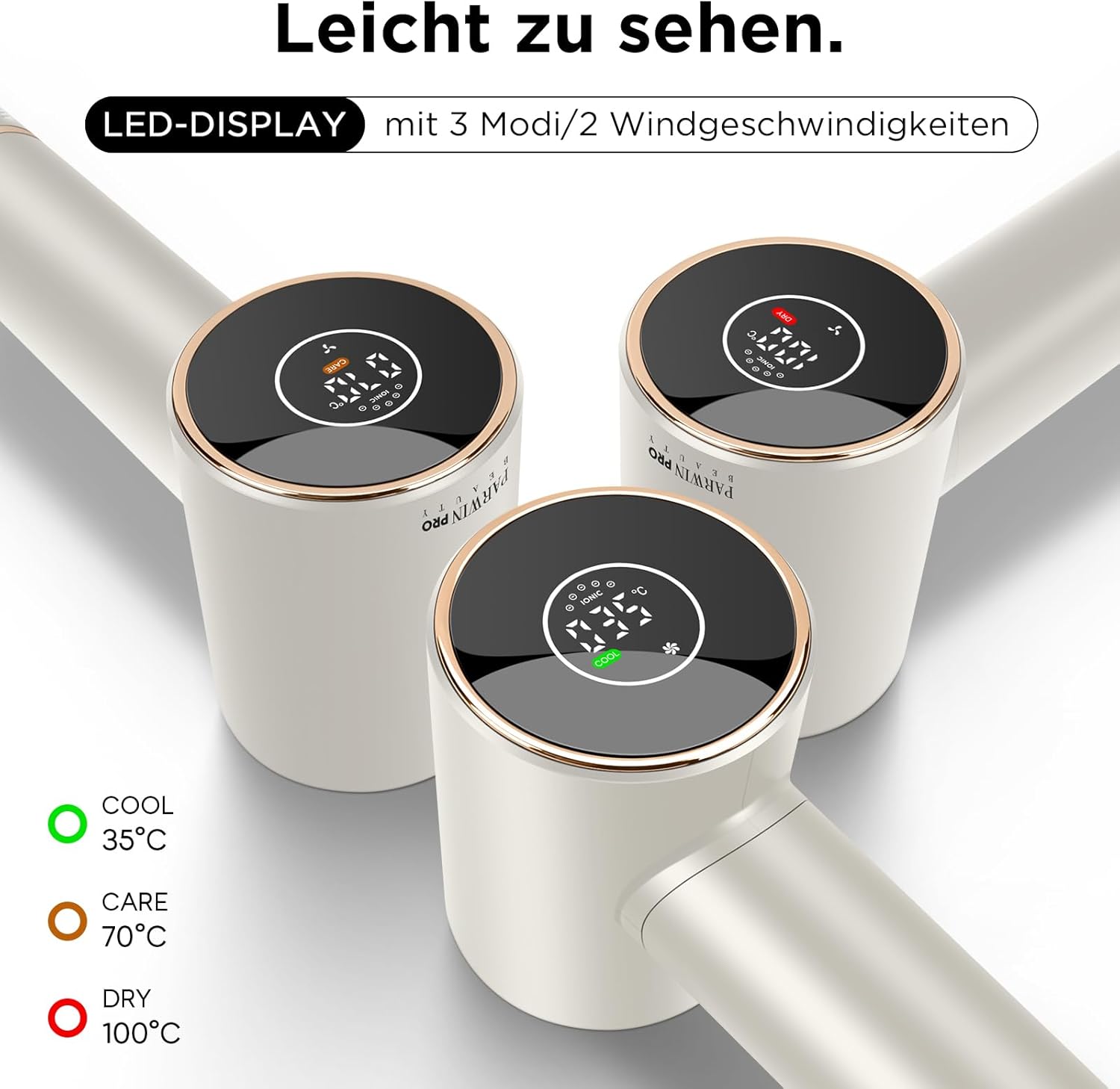 Sèche-cheveux Air-Sonic, PARWIN PRO BEAUTY HD-LED Seche Cheveux Professionnel avec 110,000RPM Moteur silencieux sans balais, 2x 32MM Air Auto-curler(Argent champagne) Argent Champagne-pro