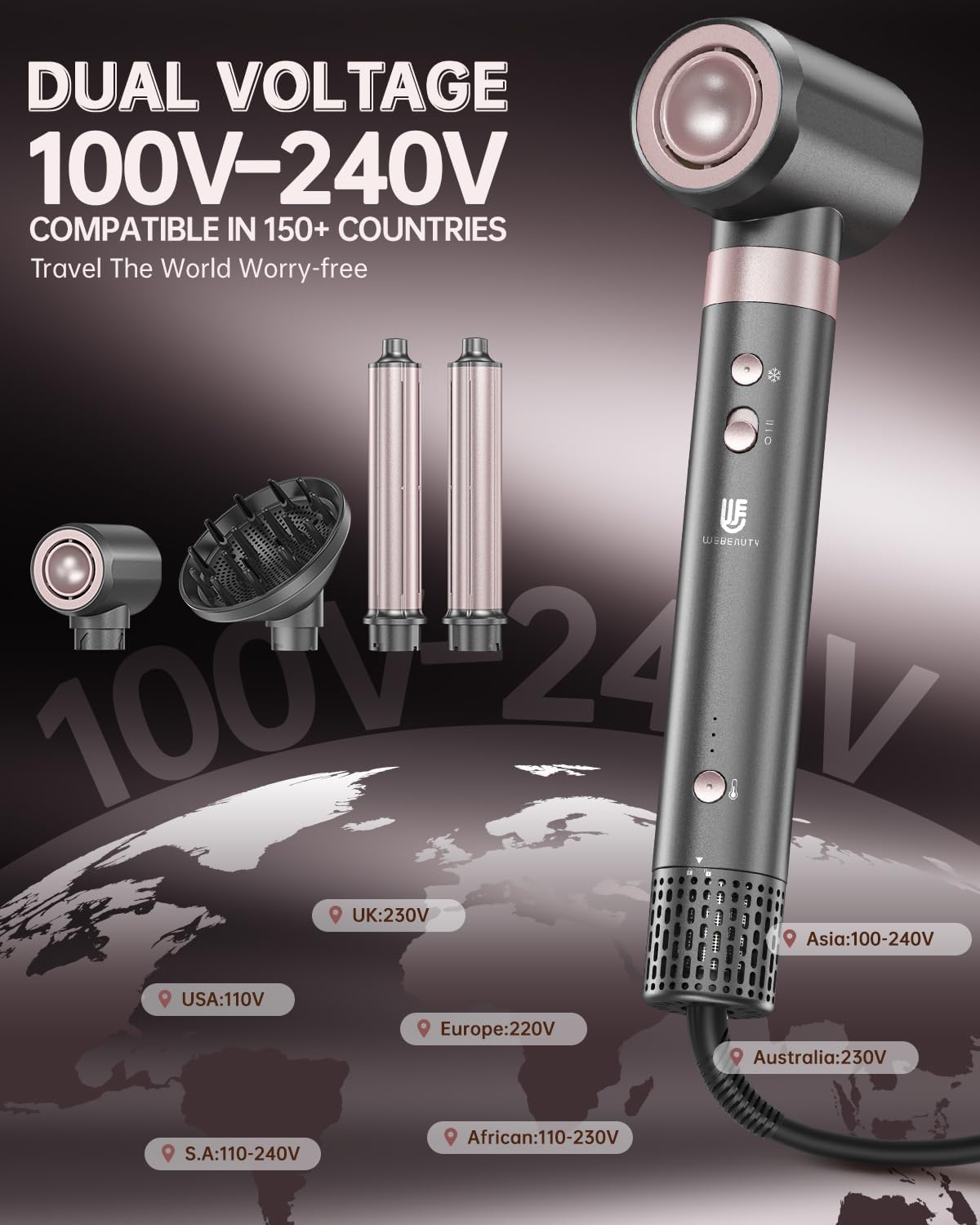 Webeauty Double Tension 4in1 Sèche Cheveux Nouvelle Mise à Jour,110,000 TR/Min, 30M/S,1400W Seche Cheveux Professionnel avec Boucleur Automatique,Diffuseur, 500 Millions d'ions Négatifs Airstyler Or Rose-100-240v