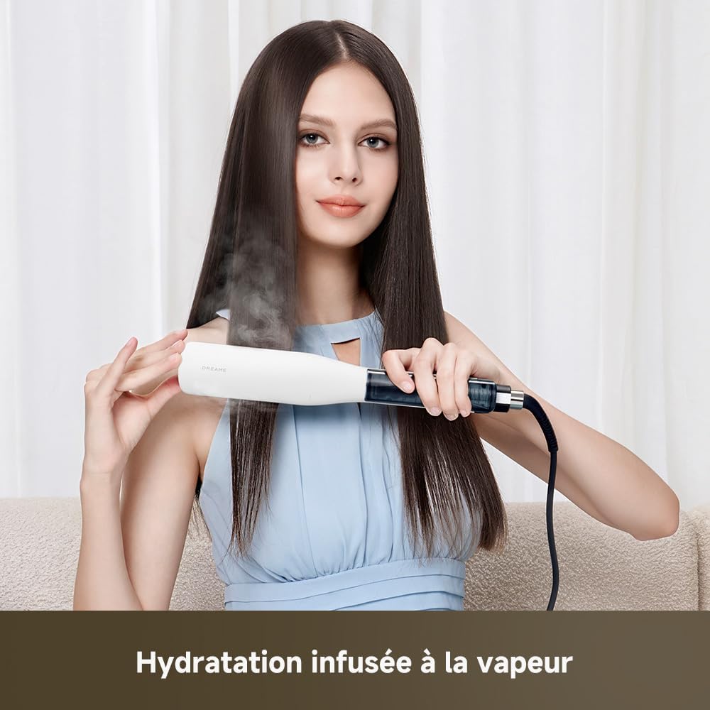 AuraSteam Straight, Lisseur À Vapeur Infusée, Coiffures Lisses Ou Bouclées, Plaque Élargie, Plaque Flexible 3D, Double Rangée De Vapeur, Réservoir D’Eau 20 Ml Amovible, 5 Niveaux De Température