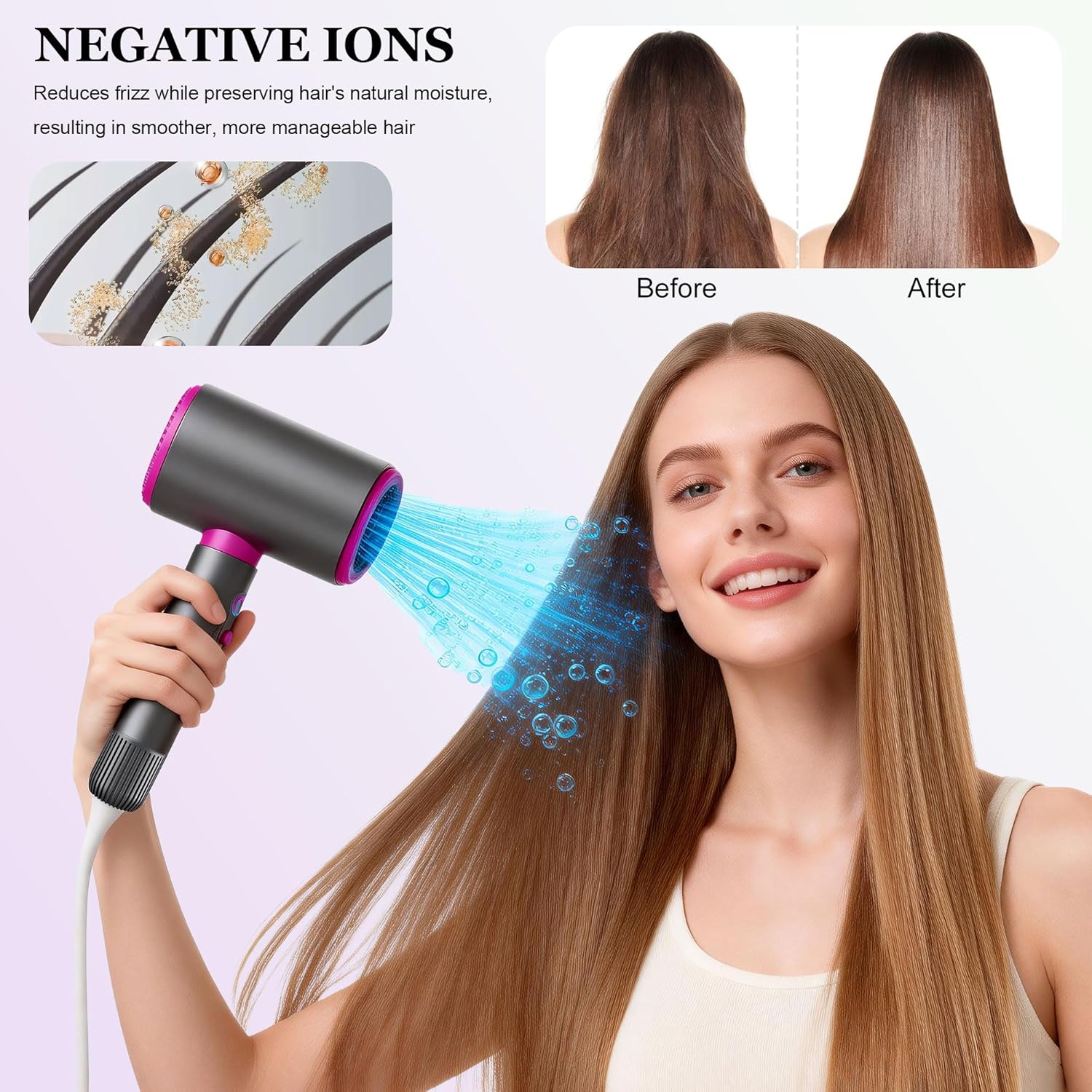 2200W Sèche-cheveux Ionique Silencieux et Puissant, 2 vitesses, Séchage rapide, chaud/froid, Sèche cheveux concentrateur et diffuseur inclus – Idéal pour la maison, le salon et les voyages