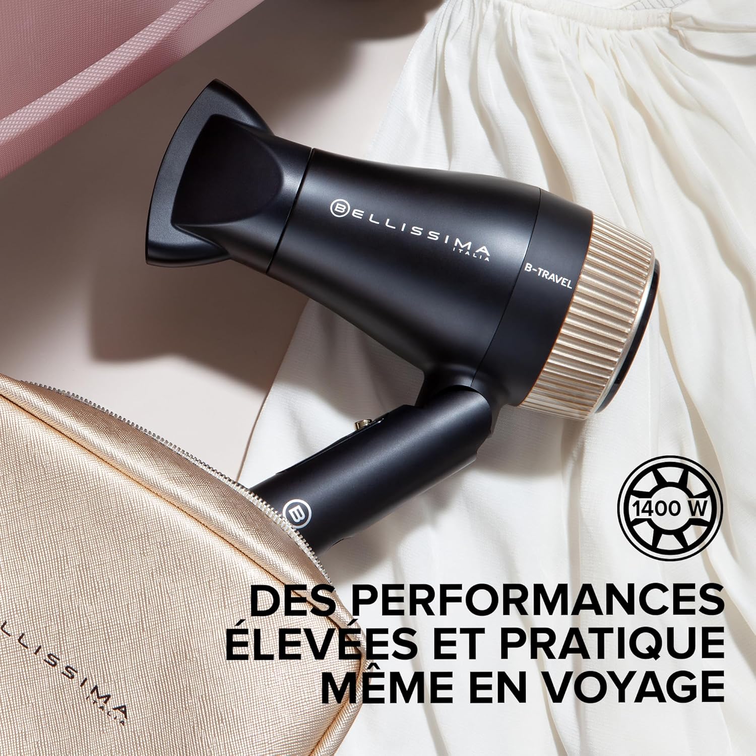 Sèche-cheveux de voyage, portable et compact, 1400 Watt, poignée pliante, concentrateur de précision, 2 combinaisons air/température, étui de voyage, idée cadeau