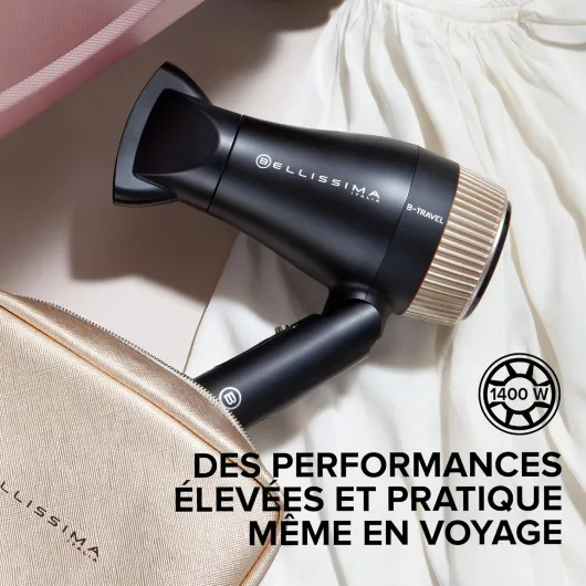 Sèche-cheveux de voyage, portable et compact, 1400 Watt, poignée pliante, concentrateur de précision, 2 combinaisons air/température, étui de voyage, idée cadeau