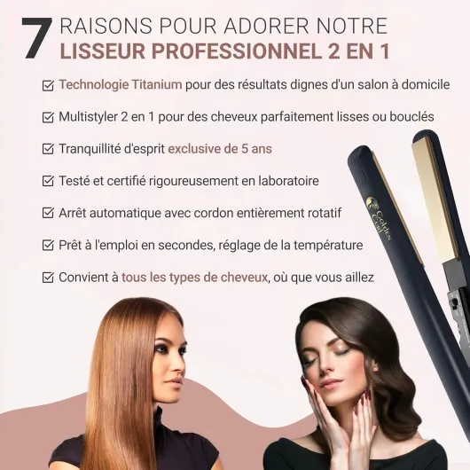 Golden Curl Fer Lisseur Cheveux Professionnel - 5 Ans de Tranquillité - Fer à Lisser et Boucleur Cheveux 2 en 1 - Appareil de Coiffure Hair Straightener pour Lisser et Boucler (Or)