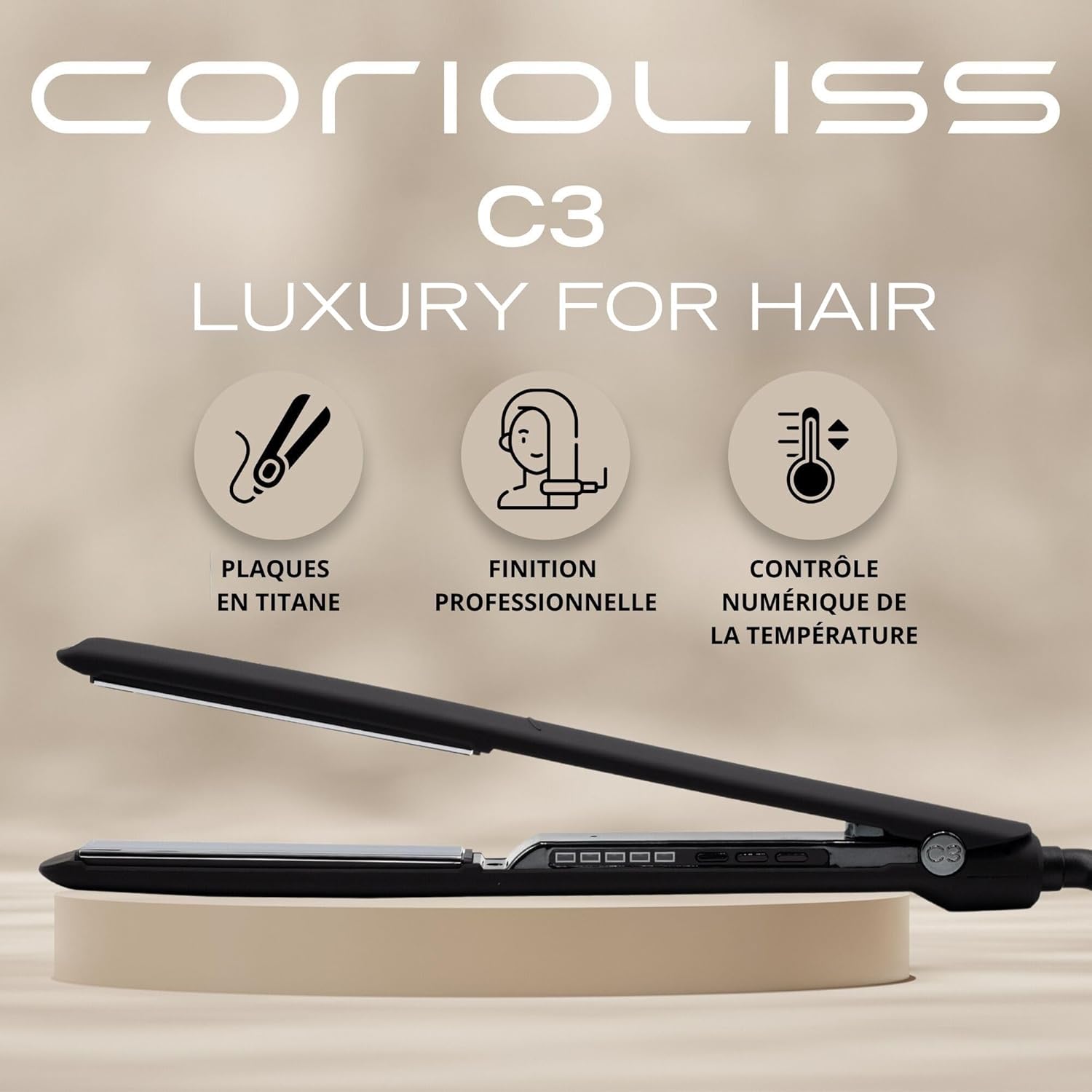 C3 - Lisseur Cheveux Professionnel Titanium - Fer À Lisser Titane Plaques Extra-Longues - Chauffe 20 S - Température 135°C–235°C - Étui De Voyage - Black Chrome Black Chrome Soft Touch