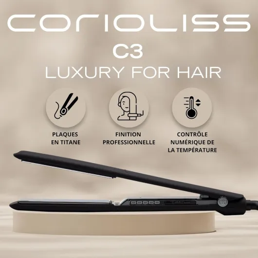 C3 - Lisseur Cheveux Professionnel Titanium - Fer À Lisser Titane Plaques Extra-Longues - Chauffe 20 S - Température 135°C–235°C - Étui De Voyage - Black Chrome Black Chrome Soft Touch