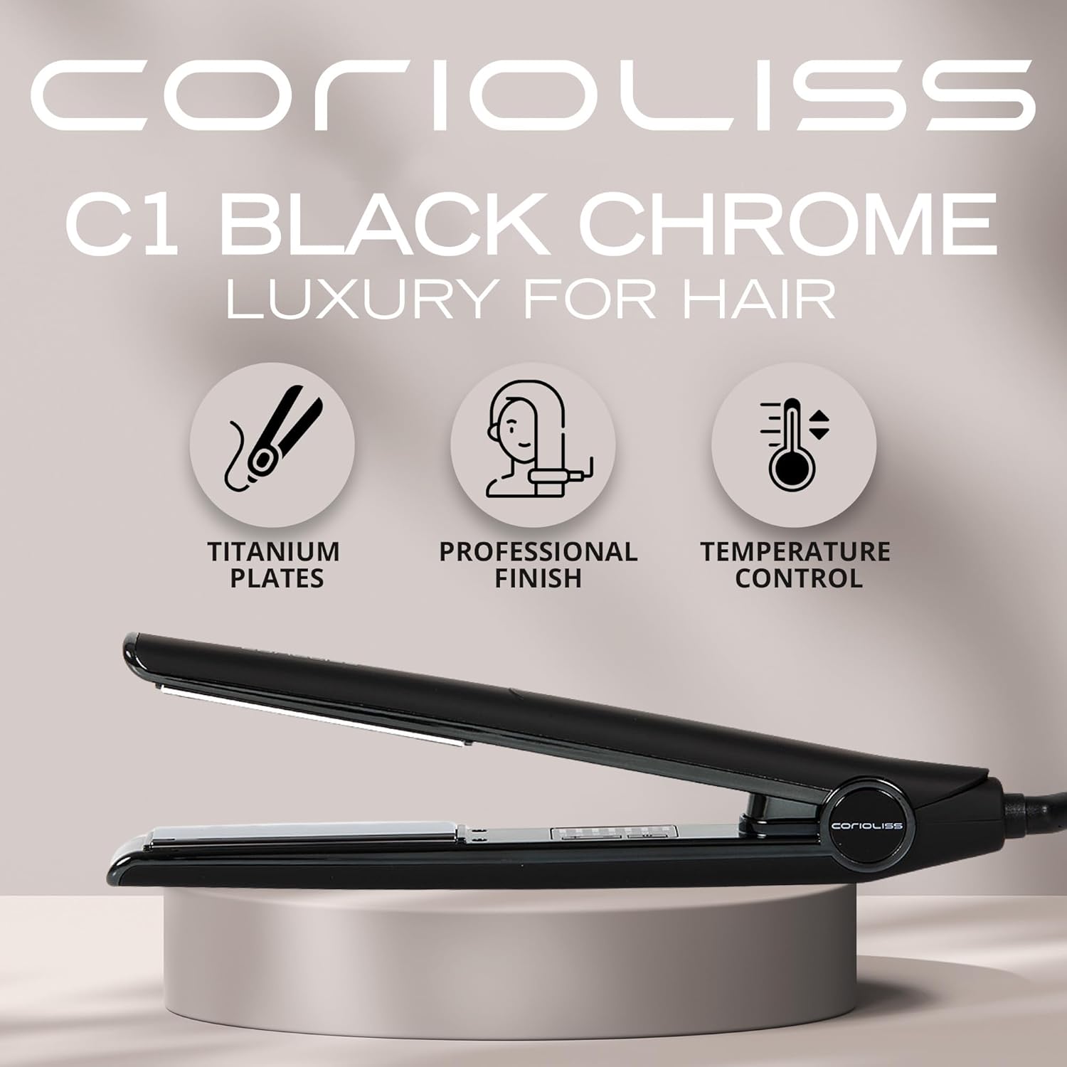 C1 - Lisseur Cheveux Professionnel Titanium - Fer À Lisser Titane - Température 120°C–235°C - Chauffe Rapide 20 S - Parfait Pour Lissage Et Ondulations - Étui De Voyage - Black Chrome Black Soft Touch Chrome